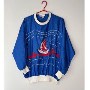 90s vintage blue nautical sailing embroidered novelty silky pullover blouse top